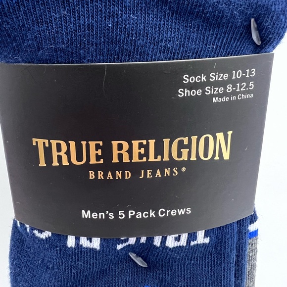 TRUE RELIGION, MENS 5 PACK CREWS SOCKS 2 HREY, 2NAVY 1 BLUE, SHOE SIZE 8-12.5 - Picture 5 of 16
